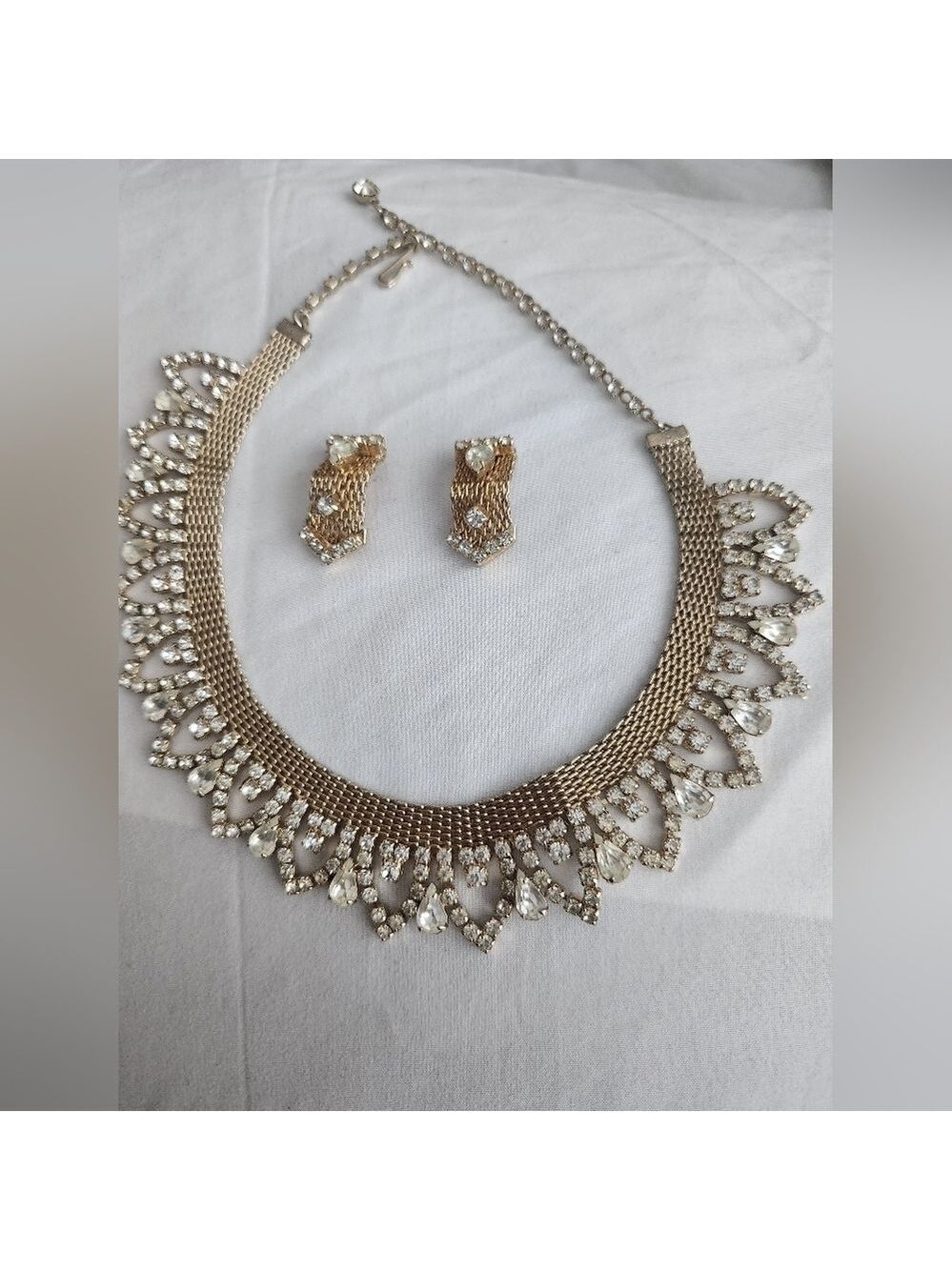 Vintage Mesh And Rhinestone Choker Necklace & Ear Clips Unsigned Hobe??